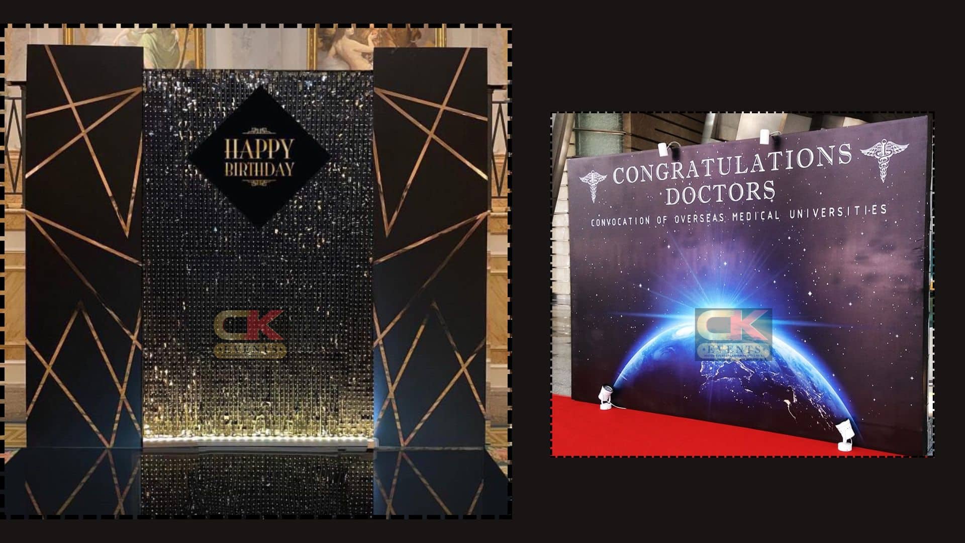 Black and gold birthday feature wall and printed graduation photo backdrop