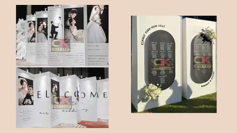 Wedding portrait display panels and arched seating-chart walls