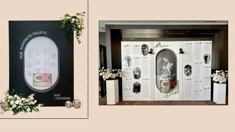 Personalised wedding welcome panel and wide wedding photo display wall