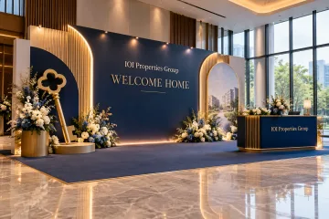 IOI Properties Group key handover celebration with a key-handover ceremony stage, symbolic oversized key prop, elegant homeowner photo wall and low reception counter