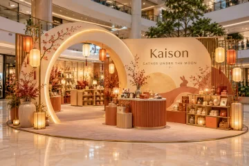 Kaison mid-autumn home decor pop-up with a moon-shaped walk-through entrance arch surrounded by lanterns, a home-decor gifting counter and low festive shelving