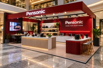 Pensonic home appliance product launch with an open appliance demo island with kitchen counters, a rear product wall and overhead rectangular branded frame