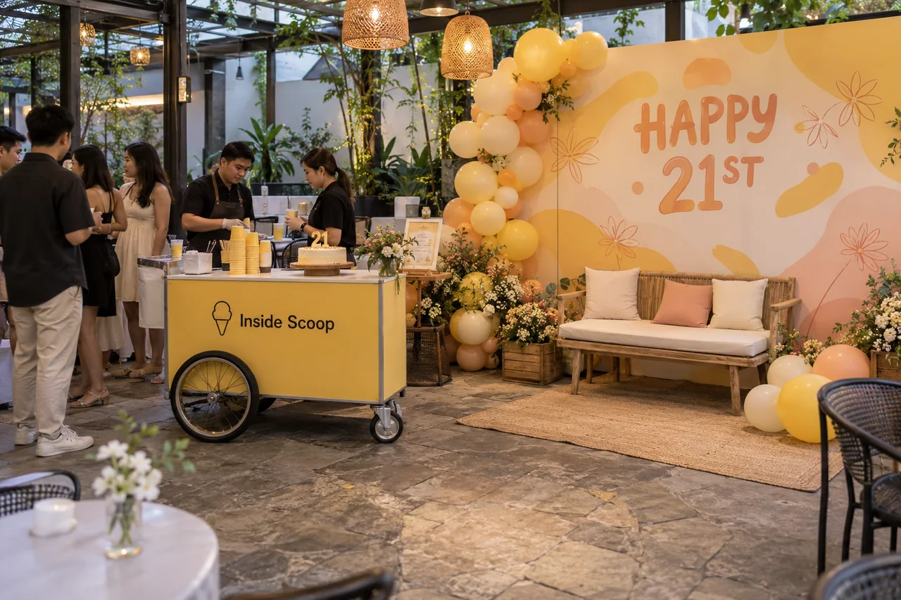 Inside Scoop 21st birthday design reference with adult birthday portrait bench and ice-cream hospitality cart