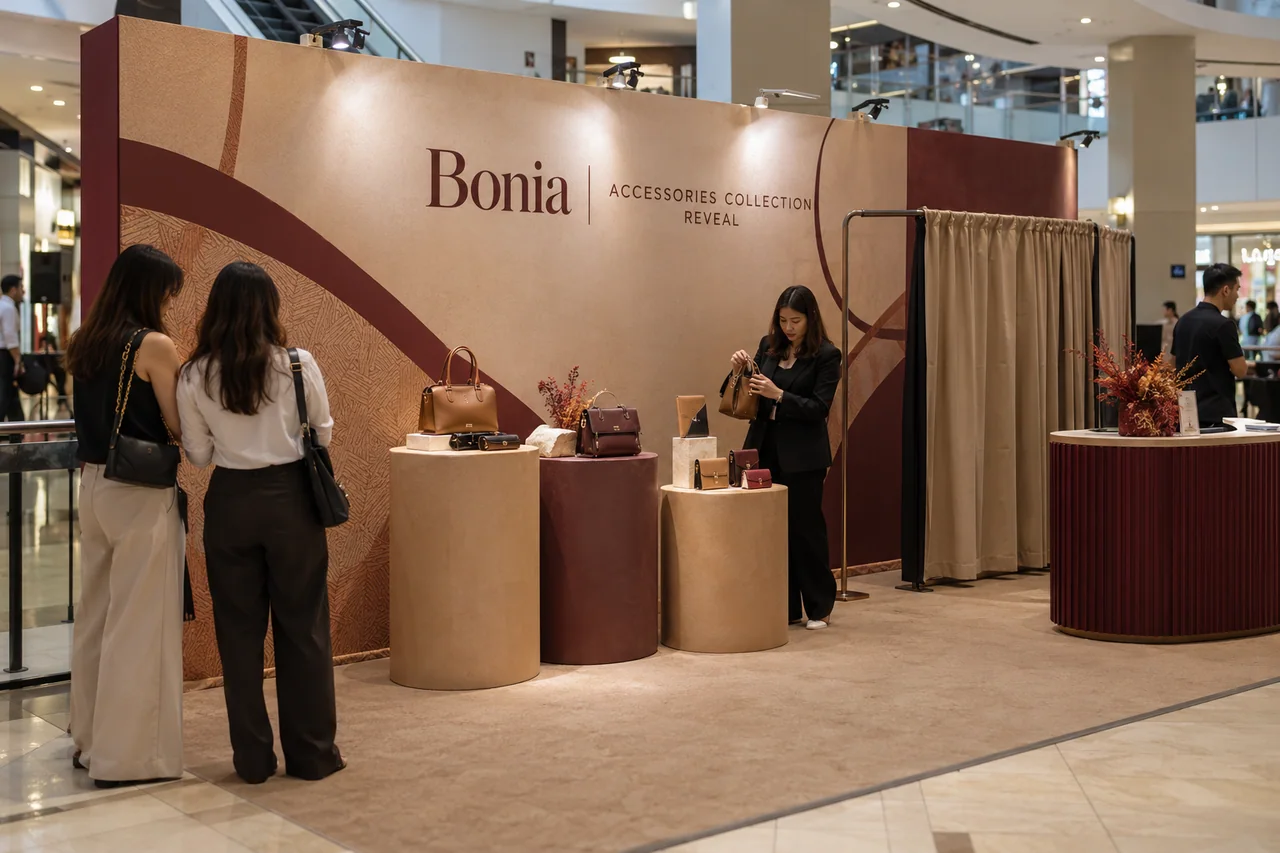 Bonia accessories collection reveal design reference with leather-accessories reveal plinths and guest counter