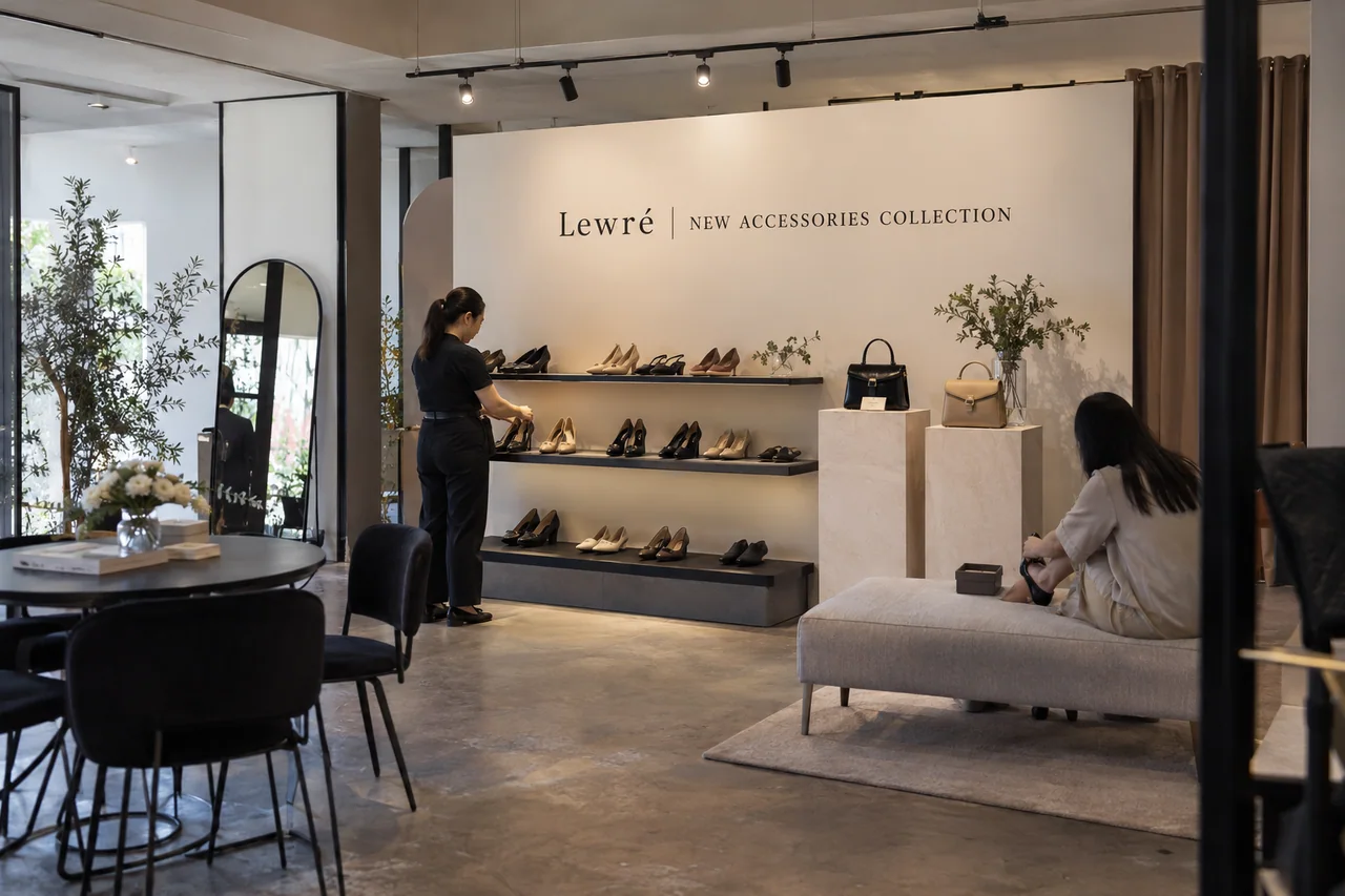 Lewré accessories collection reveal design reference with footwear-and-bag collection preview corner