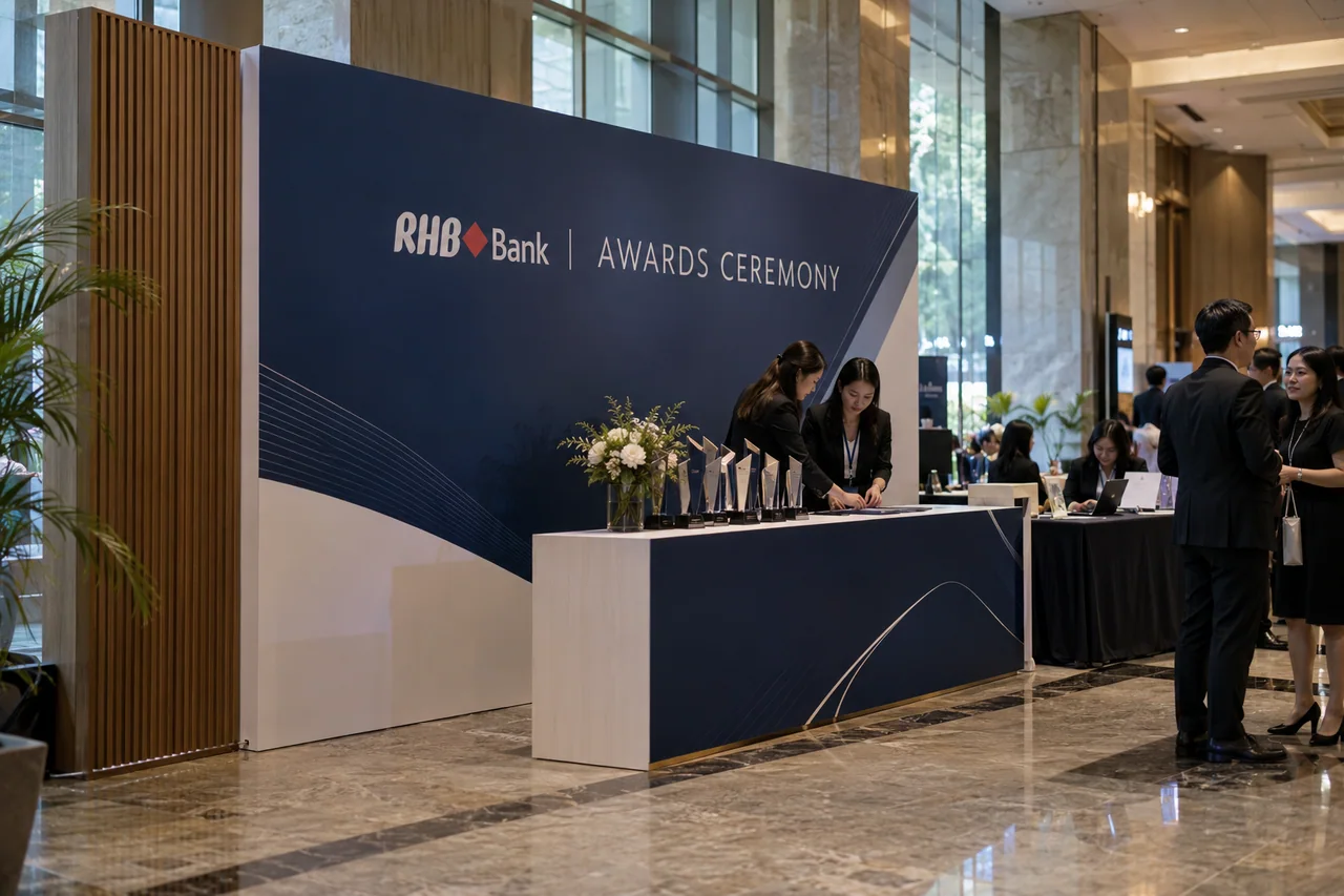 RHB Bank awards ceremony design reference with awards portrait wall and presentation counter