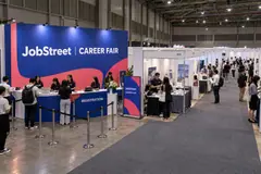 JobStreet career fair design reference with public career-fair registration and recruiter booths