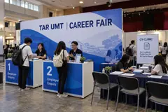 TAR UMT career fair design reference with campus career-exploration and employer enquiry corner