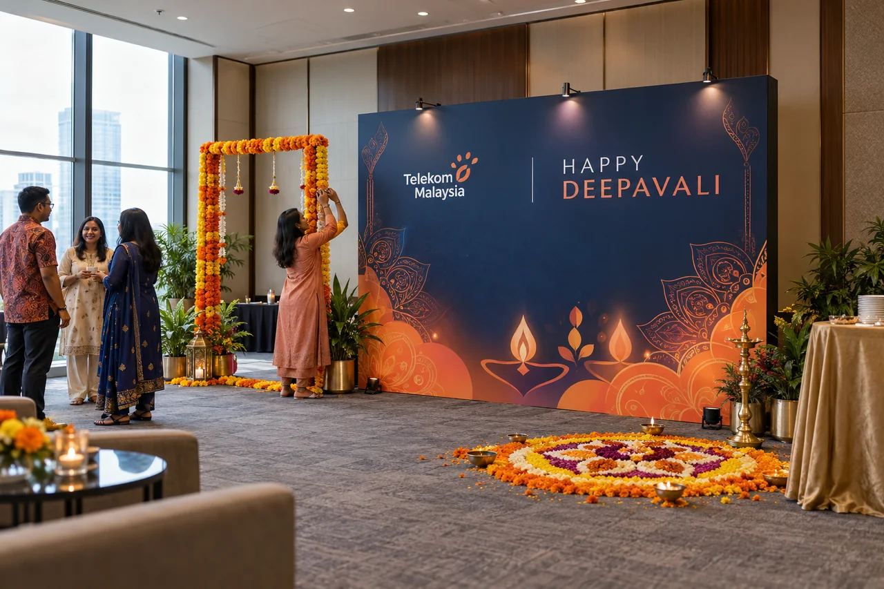 Telekom Malaysia corporate deepavali celebration design reference with office deepavali welcome and cultural photo feature