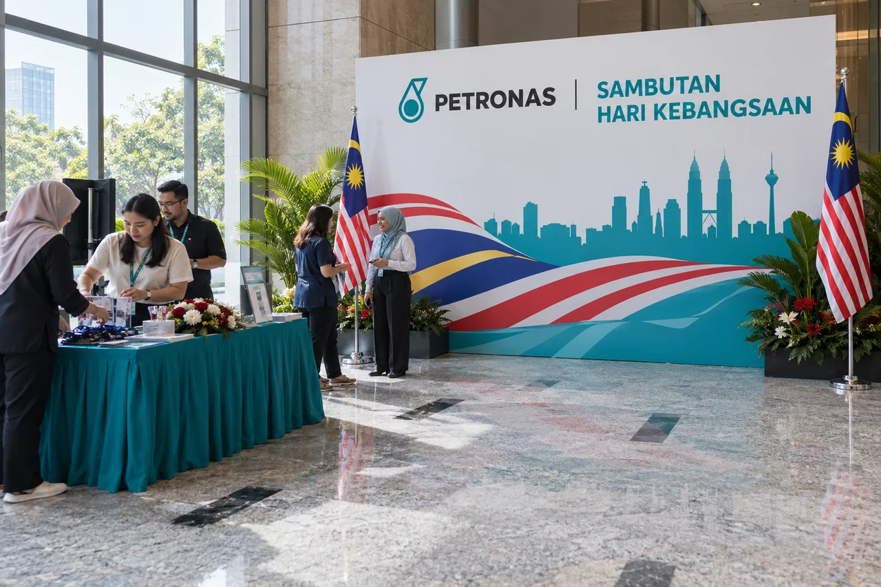 PETRONAS hari kebangsaan design reference with corporate national-day welcome and photo wall