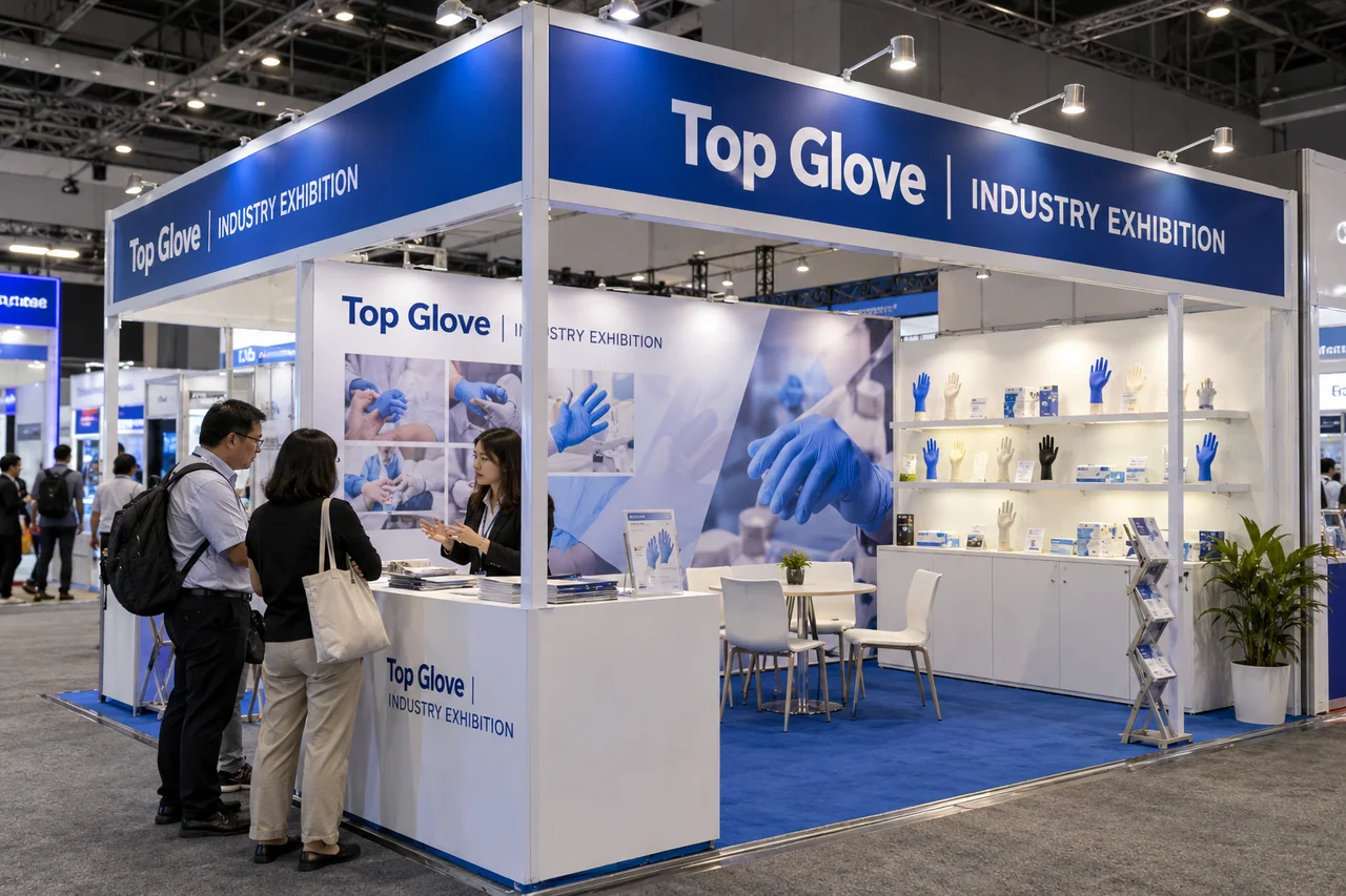 Top Glove industry exhibition design reference with industrial exhibitor corner stand