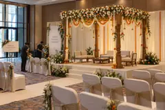 Setia City Convention Centre mandap design reference with modest mandap and guest approach in a convention hall