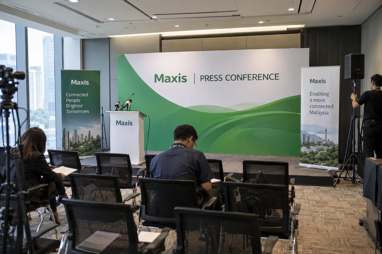 Maxis press conference design reference with press briefing wall with lectern and media seats