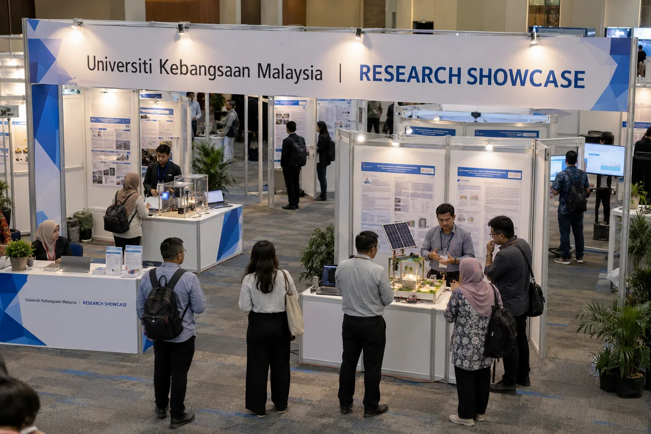 Universiti Kebangsaan Malaysia research showcase design reference with university poster exhibition and prototype counters